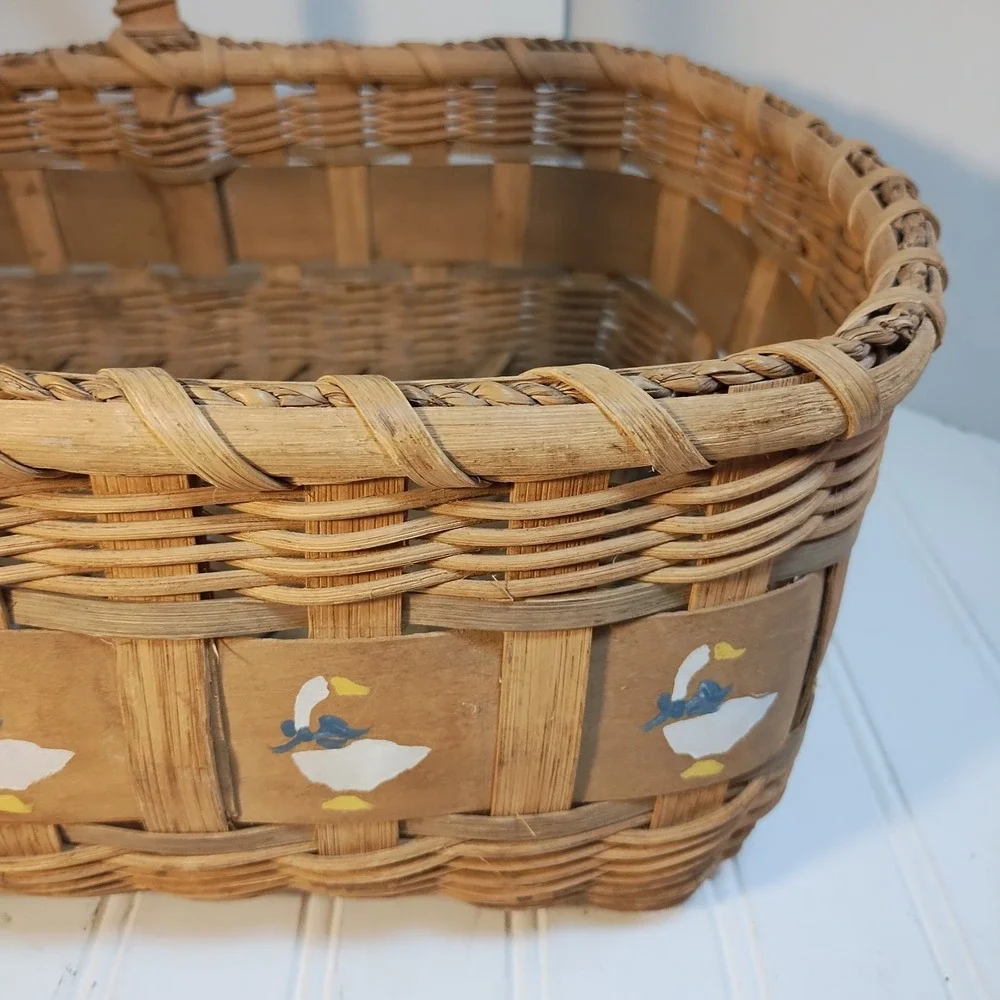 Vintage Woven Basket Goose Geese W/ Handle Large Cottage Core Rustic Farmhouse